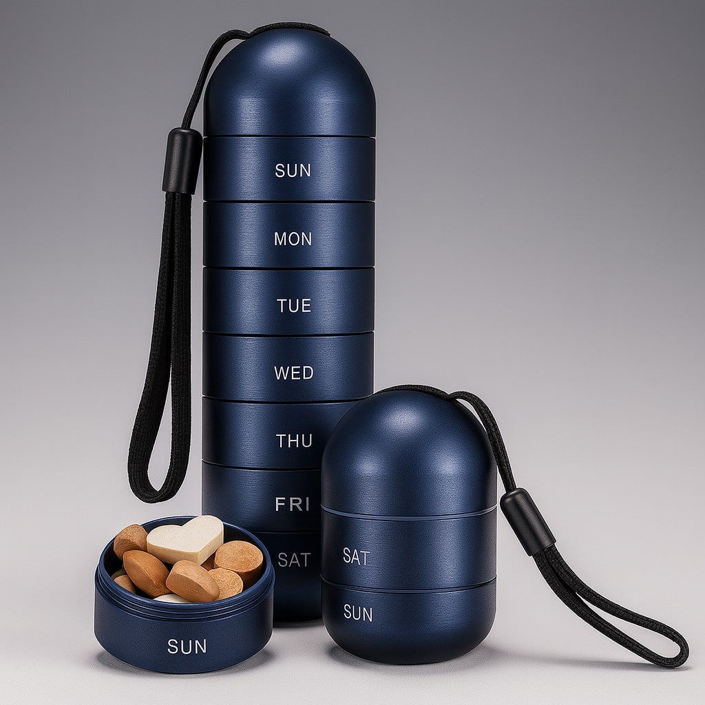 Donkerblauwe aluminium pillendoos met zwart draagkoord, hoge stapel naast een korte stapel en een los vakje met tabletten en een hartvormig tablet. 7