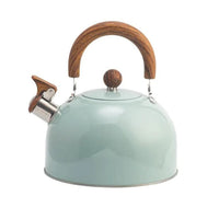 Mintgroene fluitketel met houtlook handvat en knop op een witte achtergrond, zijaanzicht 1