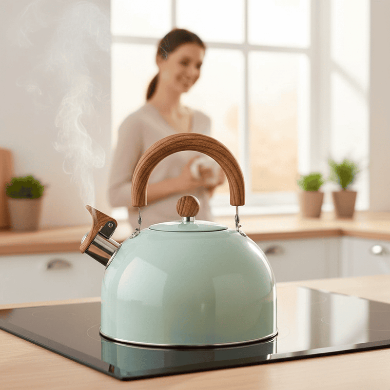 Mintgroene fluitketel met stoom op een inductiekookplaat, met een lachende vrouw op de achtergrond in de keuken 3