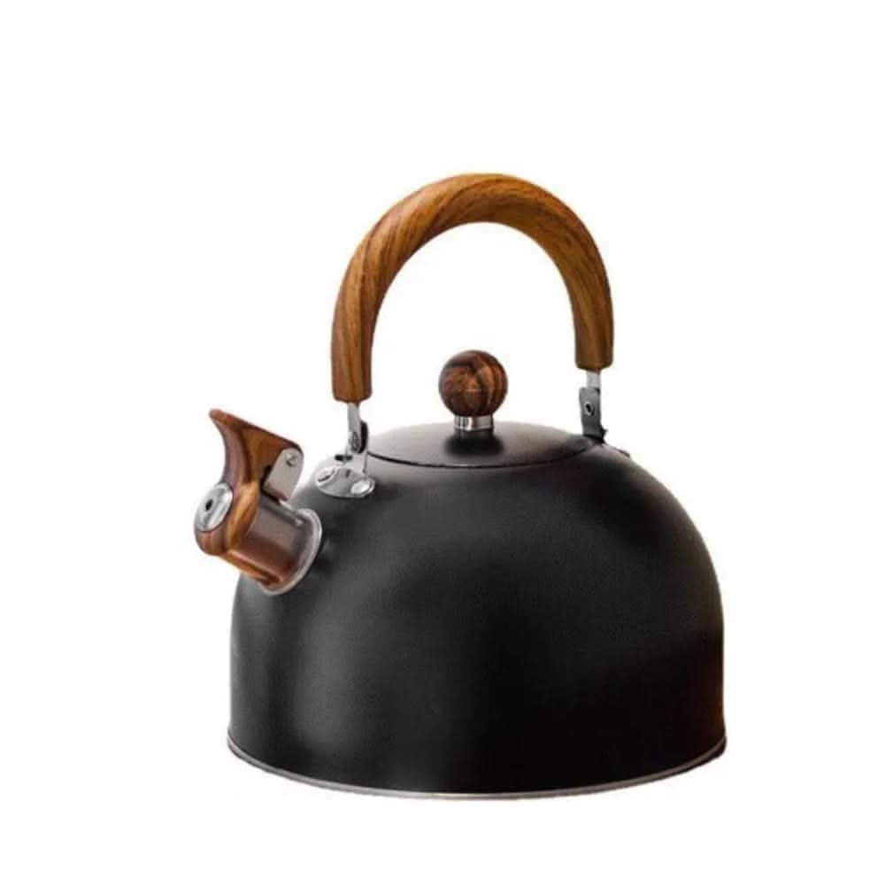 Zwarte uitvoering van de fluitketel met houtlook handvat, knop en fluit op een witte achtergrond 7