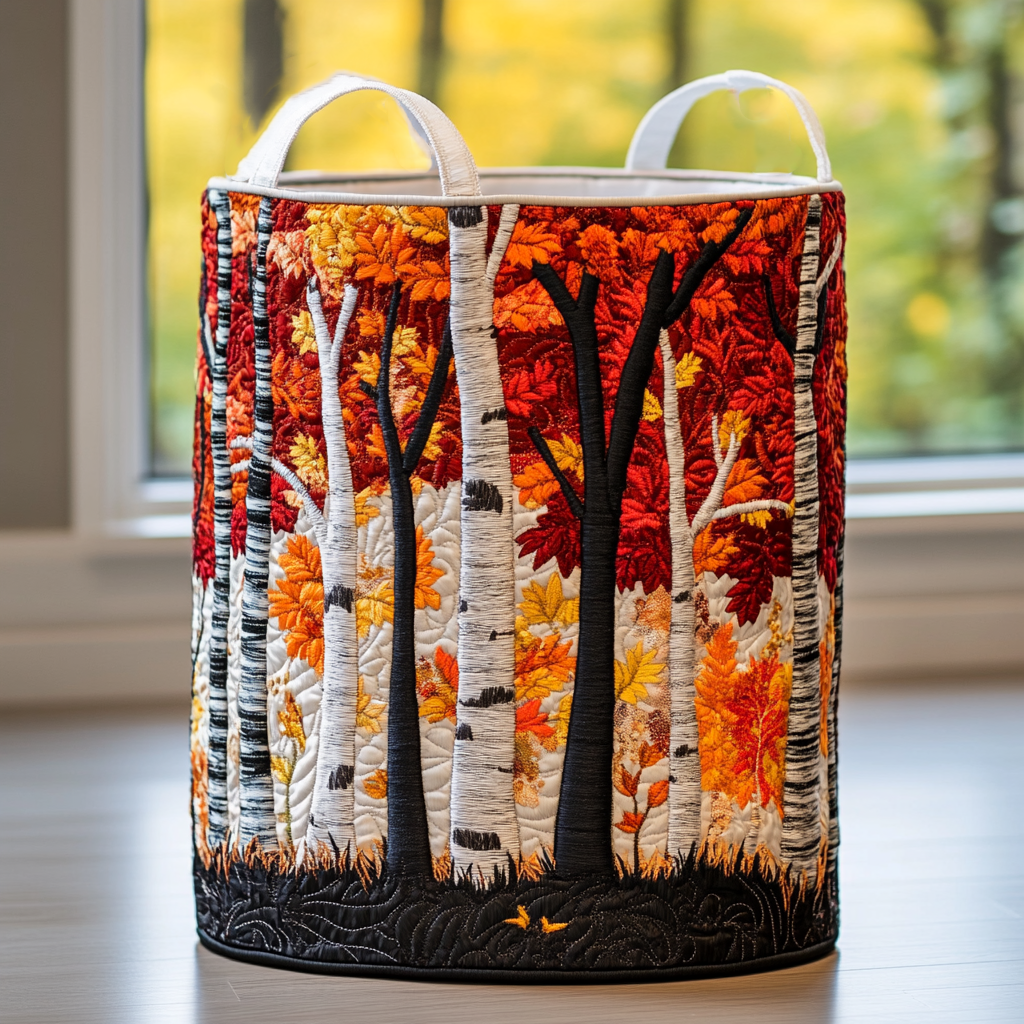 Mand met herfstbos van witte berken en zwarte stammen onder rood en oranje blad, zwarte onderrand en witte hengsels. 5