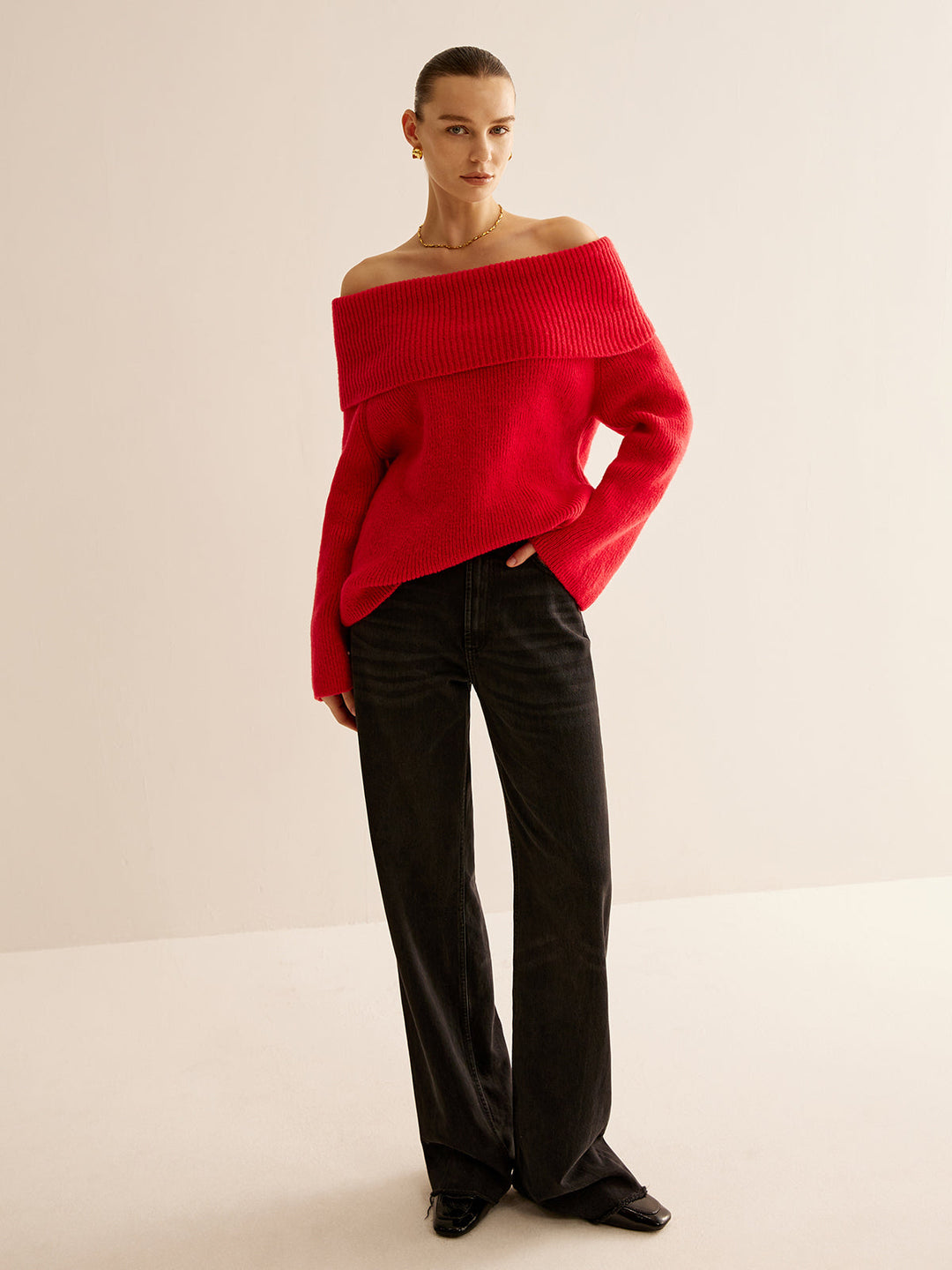 Roter Schulterfreier Pullover für Damen - Livia