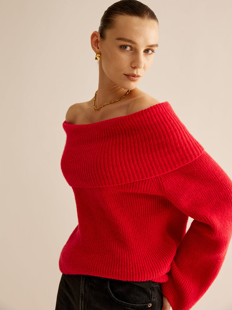 Roter Schulterfreier Pullover für Damen - Livia