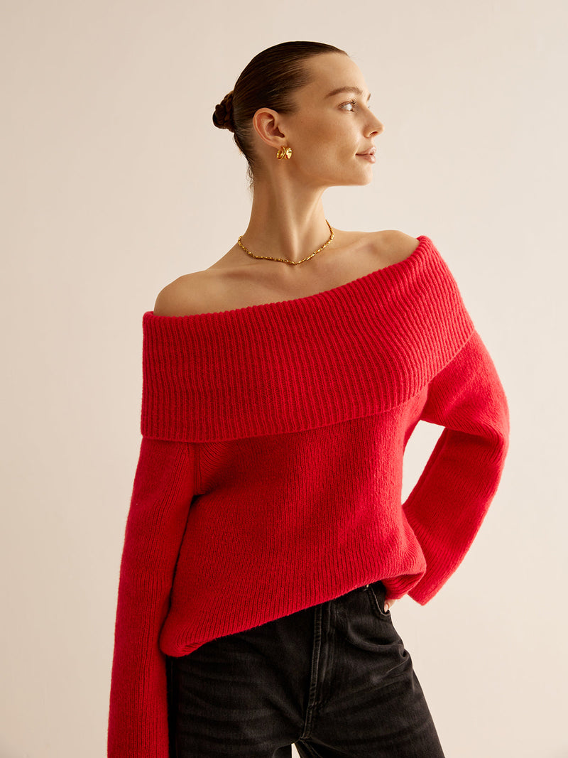Roter Schulterfreier Pullover für Damen - Livia