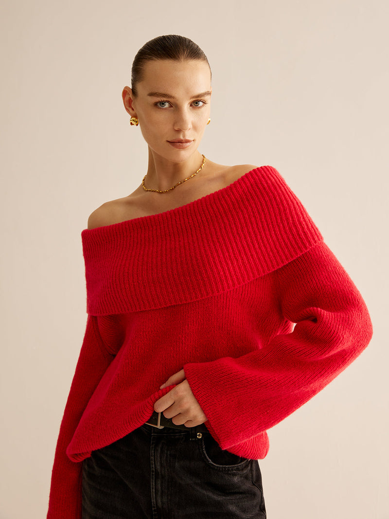 Roter Schulterfreier Pullover für Damen - Livia