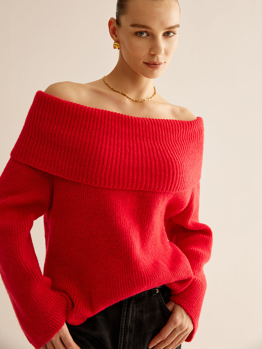 Roter Schulterfreier Pullover für Damen - Livia