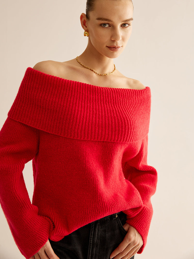 Roter Schulterfreier Pullover für Damen - Livia