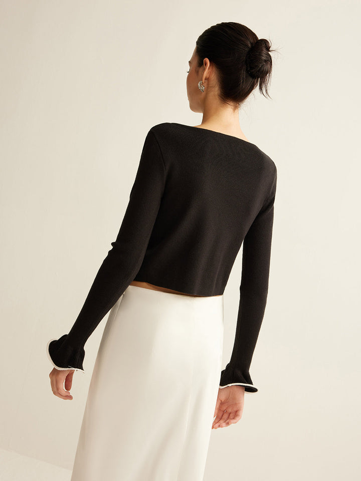 Schwarze Skinny Rüschen-Strickjacke für Damen - Isabella