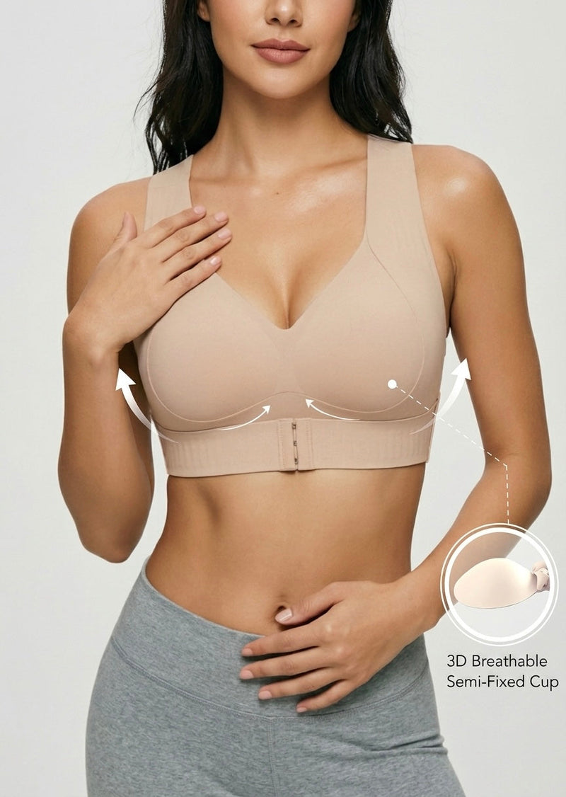 Model draagt de beige beha met pijlen die de lift tonen, en een inzetfoto van de ademende, halfvaste cup. 19