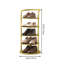 Gouden rek met vijf niveaus met maatvermelding van hoogte en breedte, gevuld met nette schoenen 4