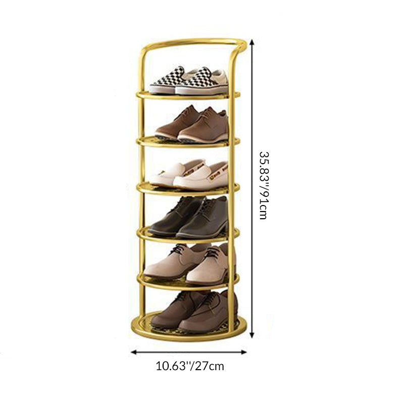 Gouden rek met zes niveaus en maatlijnen voor hoogte en breedte, met schoenen op de planken 5