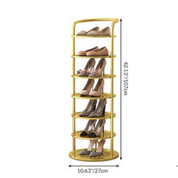 Gouden rek met zeven niveaus, met maatlijnen en dames­schoenen zoals ballerina's en pumps 6