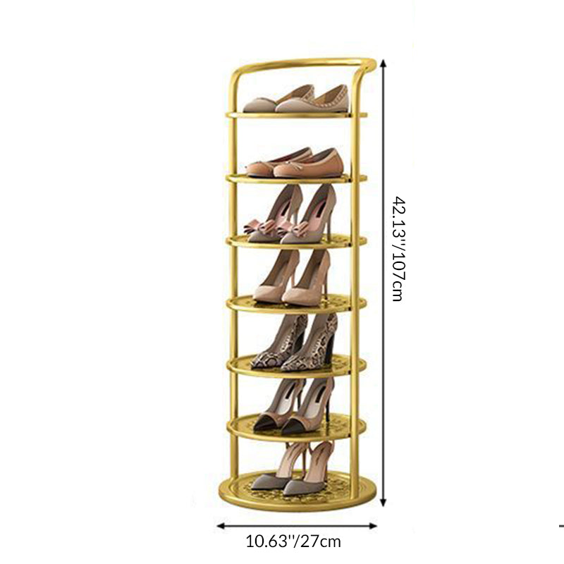 Gouden rek met zeven niveaus, met maatlijnen en dames­schoenen zoals ballerina's en pumps 6
