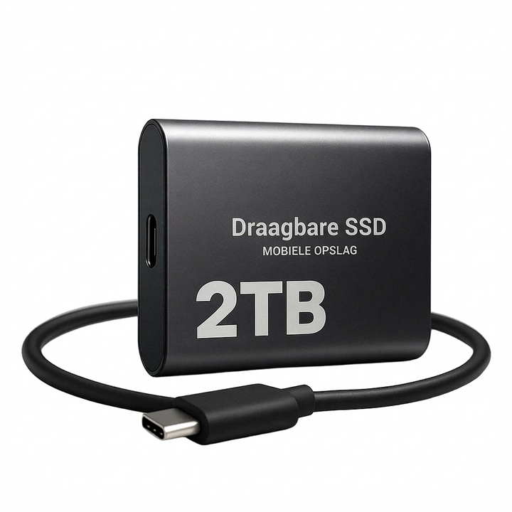 Zwarte metalen externe SSD met opgerolde USB-C-kabel ervoor, op witte achtergrond 1