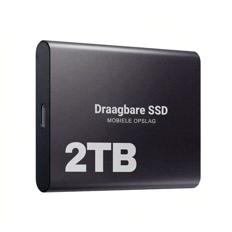 Zwarte externe SSD schuin van voren gezien, met USB-C-poort aan de zijkant 8