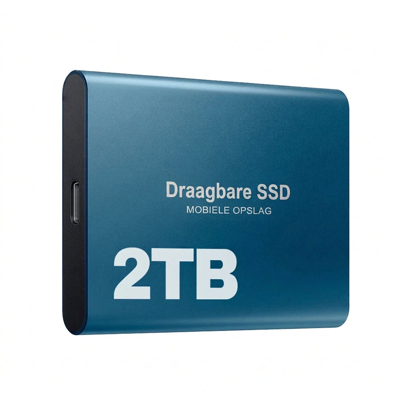 Blauwe externe SSD schuin van voren gezien, met USB-C-poort aan de zijkant 9