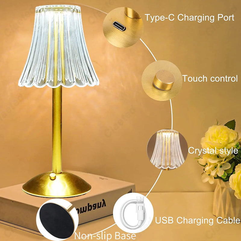 Kabellose Tischlampe mit Kristalldekor und Dimmbarer Beleuchtung - GlamLight