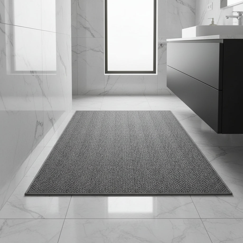 Donkergrijze badmat met afgewerkte rand op glanzende marmeren vloer in een moderne badkamer 1