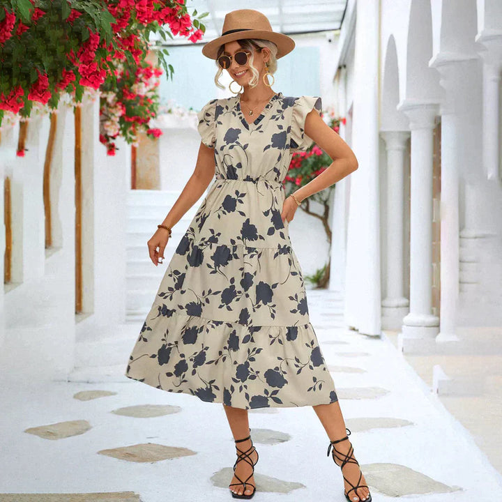 A-Linien Sommerkleid mit Puffärmeln und Farbakzent – Thalia