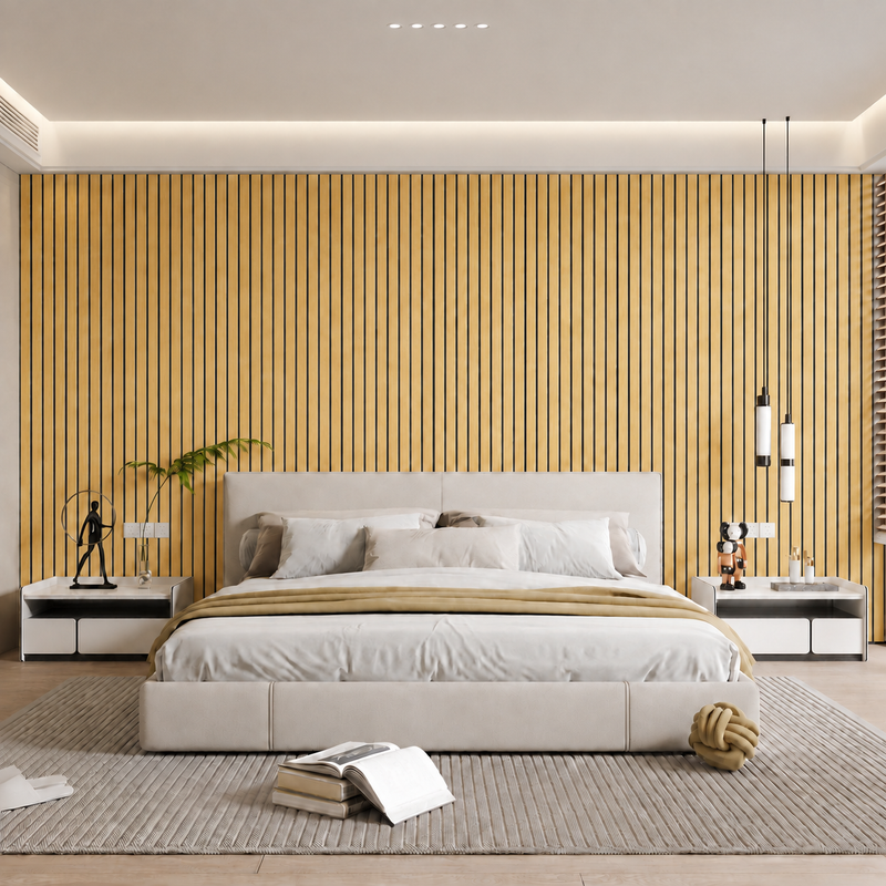 Slaapkamer met lichte houtkleurige lattenwand achter een bed met crème hoofdbord 34