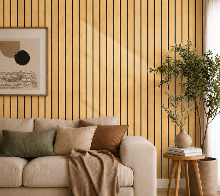 Lichte houtkleurige lattenwand in de woonkamer achter een beige bank, schilderij en plant 35