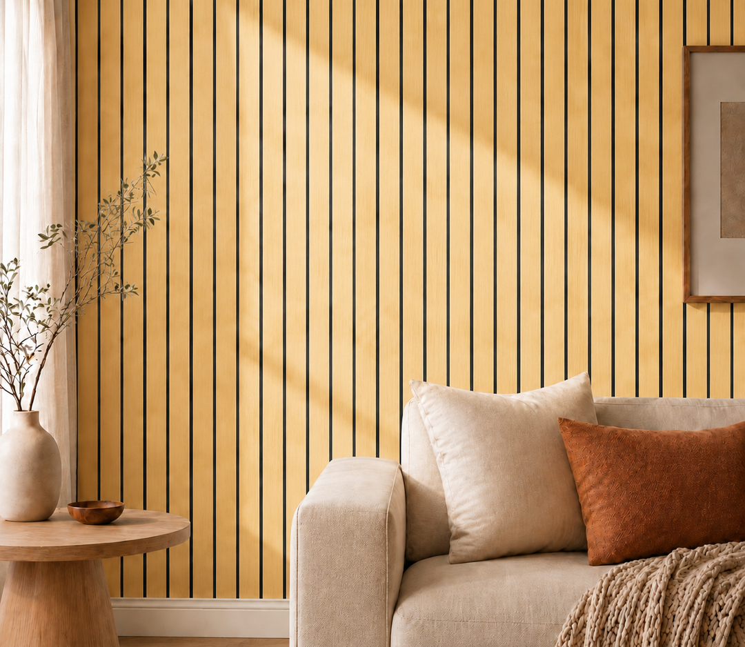 Detail van lichte houtkleurige lattenwand naast een beige bank met oranje kussen en ronde tafel 36