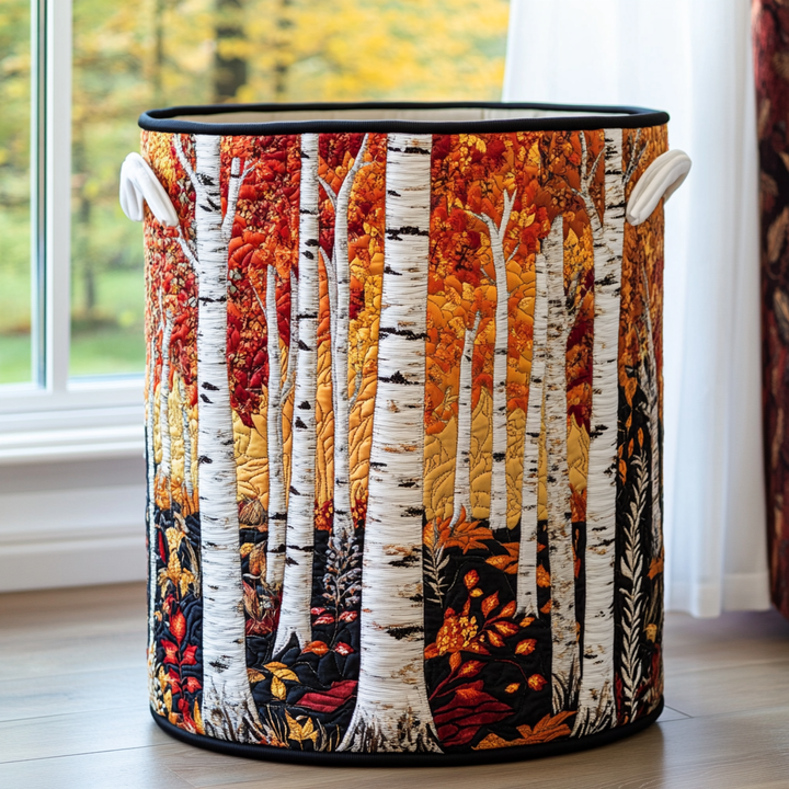 Gewatteerde mand met berkenbomen in herfstkleuren van rood, oranje en geel, zwarte rand en witte hengsels, voor een raam. 3