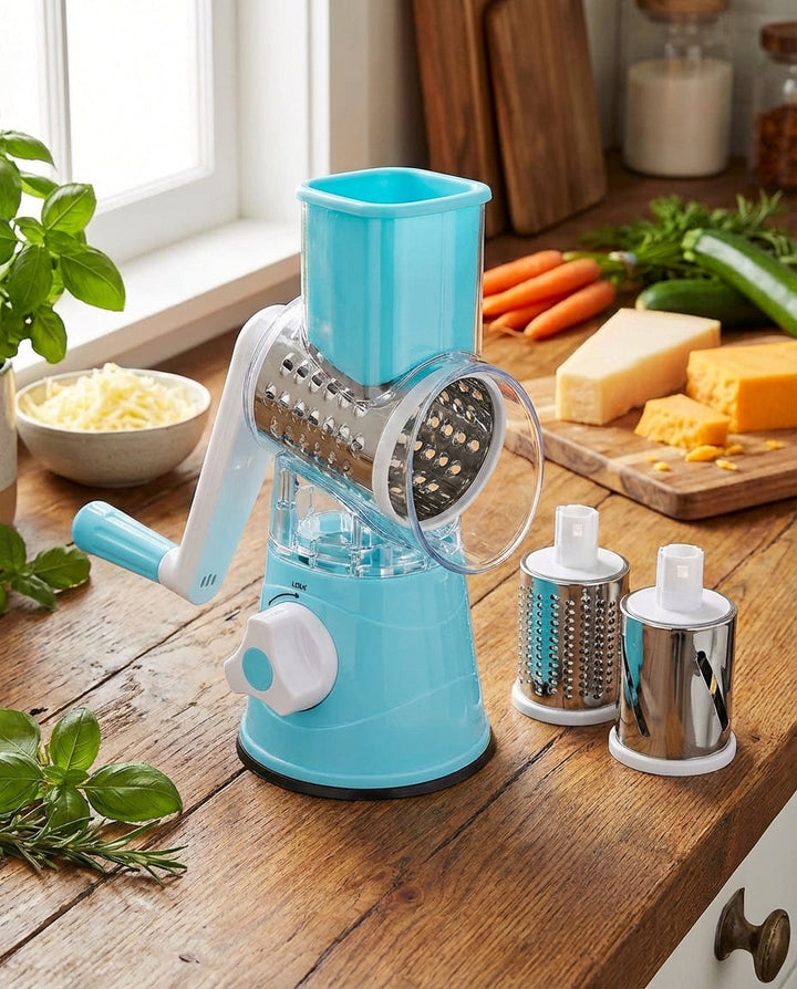 Lichtblauwe uitvoering van de draaibare groentesnijder met witte slinger en twee extra trommels op een houten aanrecht met kaas en wortels. 10