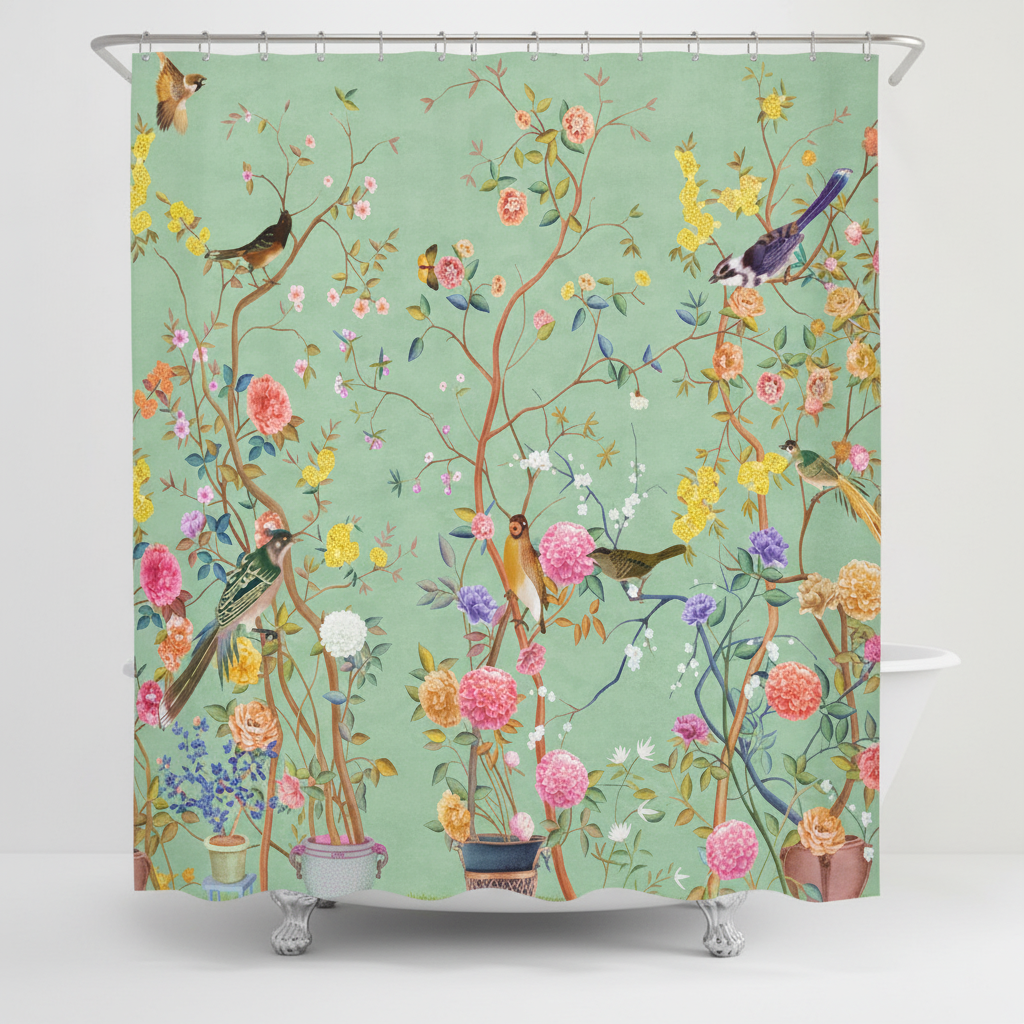 Blumen Und Vogelmotiv Duschvorhang - AquaFlora