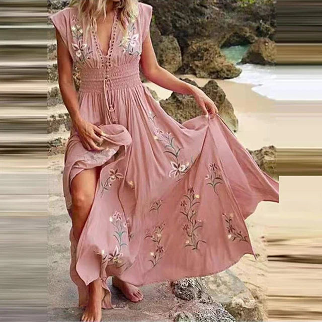 Boho Zomer Maxi Jurk met V-Hals en Luchtige Pasvorm - Talia