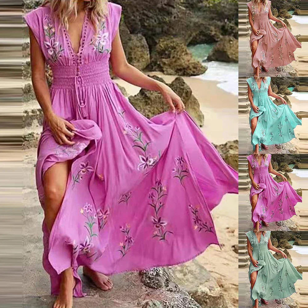 Boho Zomer Maxi Jurk met V-Hals en Luchtige Pasvorm - Talia