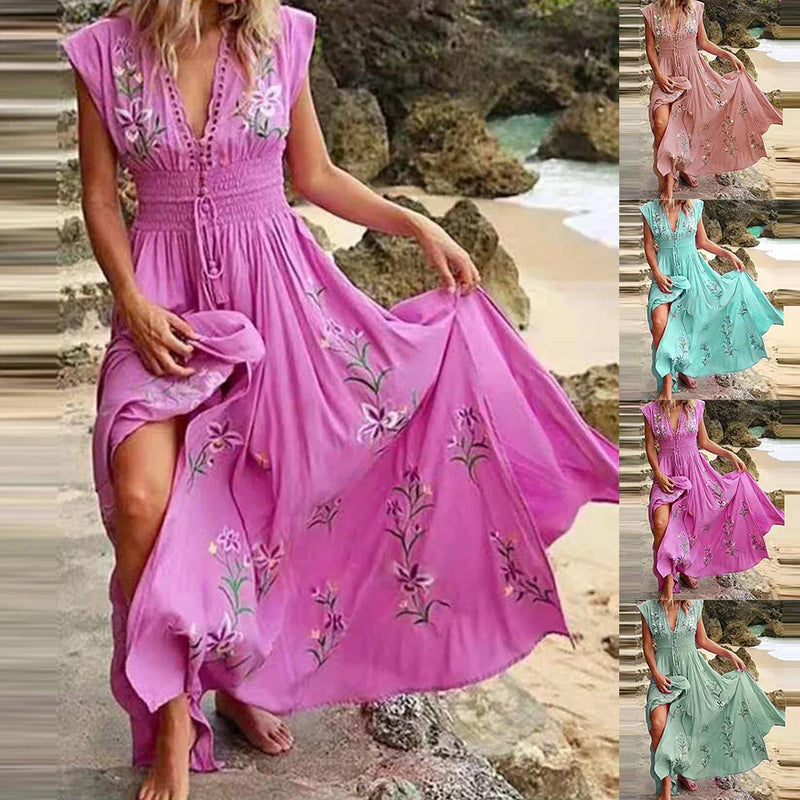 Boho Zomer Maxi Jurk met V-Hals en Luchtige Pasvorm - Talia