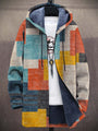 Open vest met capuchon en fleecevoering, blokpatroon in oranje, blauwgroen, geel en grijs 1