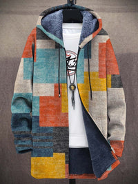 Open vest met capuchon en fleecevoering, geometrische blokprint in oranje, geel, beige en blauw, met witte trui 6