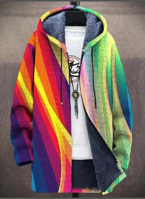 Open vest met capuchon en fleecevoering, diagonale regenboogstrepen van rood tot groen en paars 2