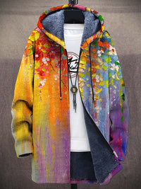 Open vest met capuchon en fleecevoering, schilderachtige print met kleurrijke bloesemblaadjes op geel en blauw 3