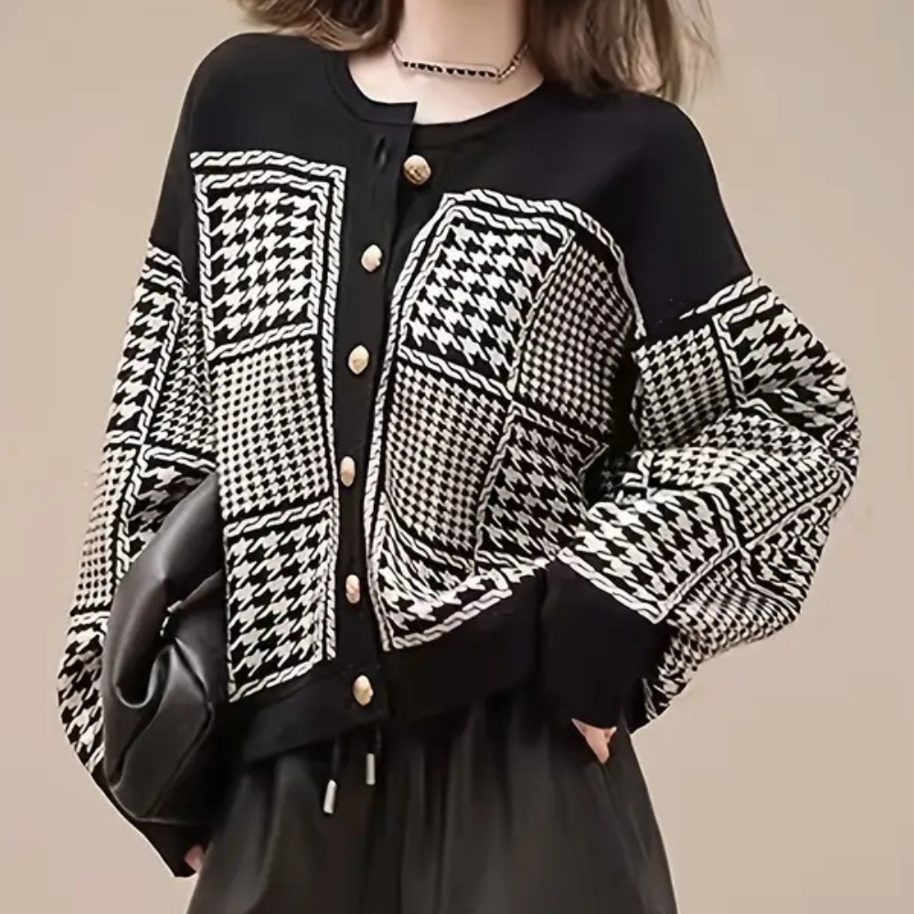 Zwarte Dames Cardigan met Pied-de-Poule Motief - Isolde