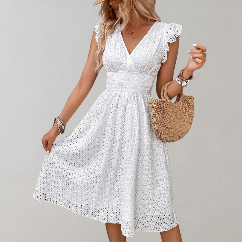 Weißes Sommerkleid mit gerafften Ärmeln - Lina