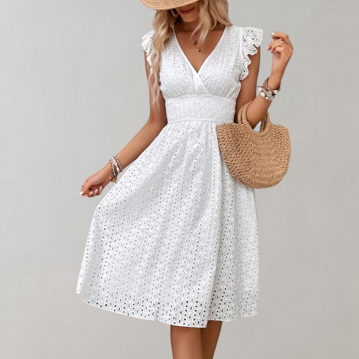 Weißes Sommerkleid mit gerafften Ärmeln - Lina