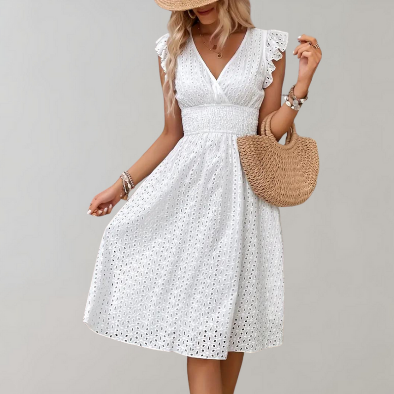 Weißes Sommerkleid mit gerafften Ärmeln - Lina