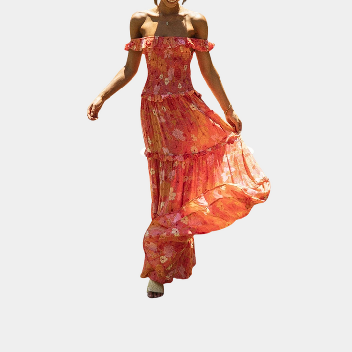 Trendy Oranje Bloemenprint Jurk - Elara