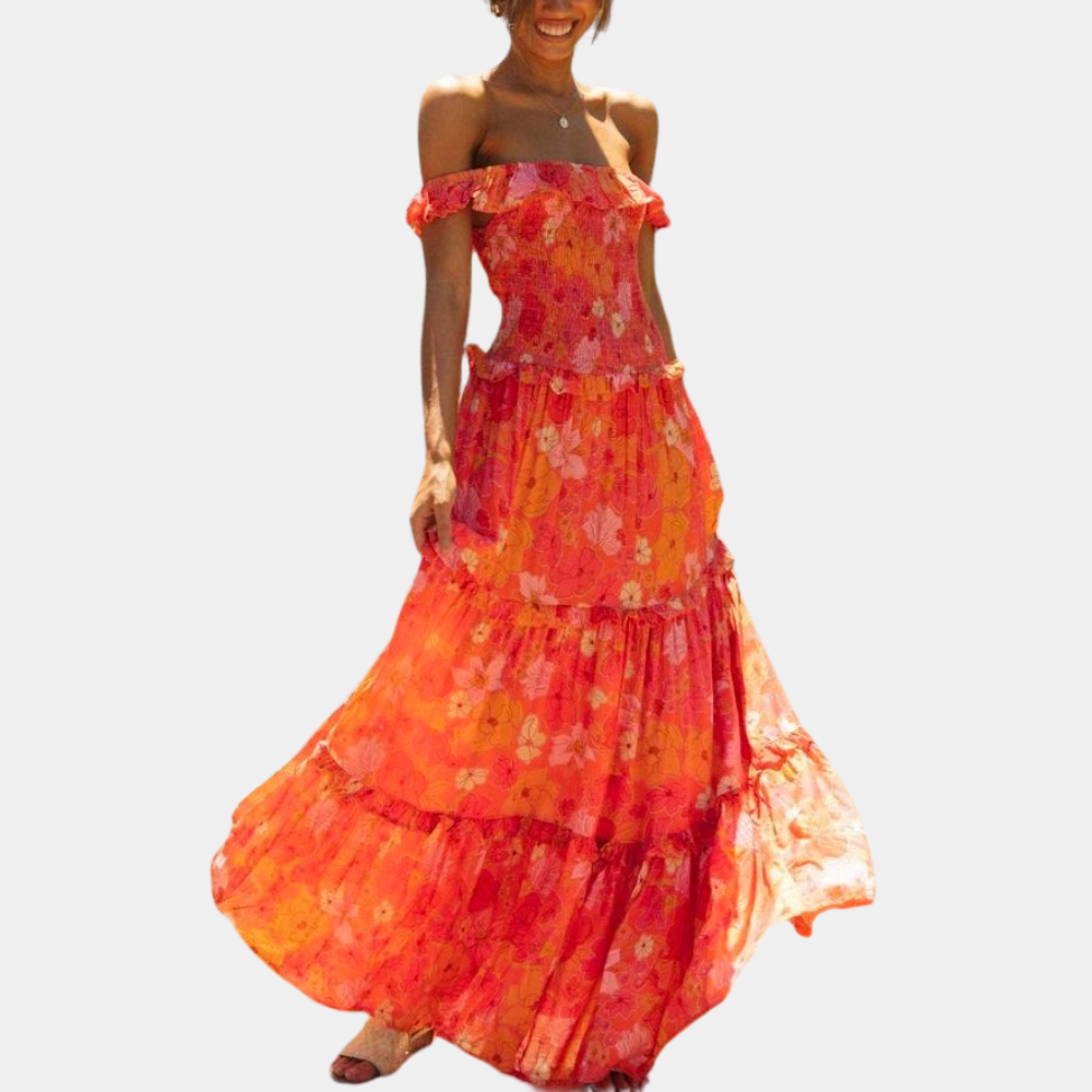 Trendy Oranje Bloemenprint Jurk - Elara