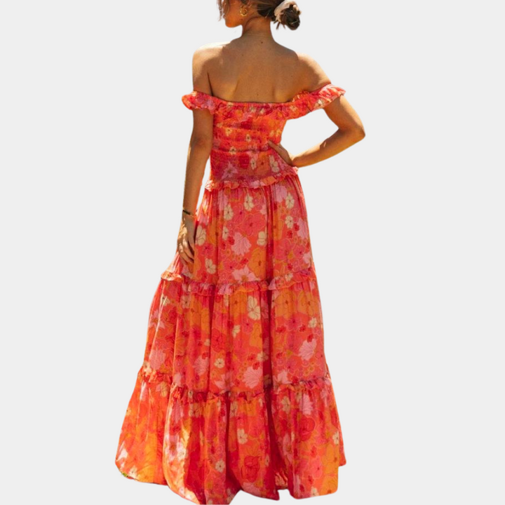 Trendy Oranje Bloemenprint Jurk - Elara