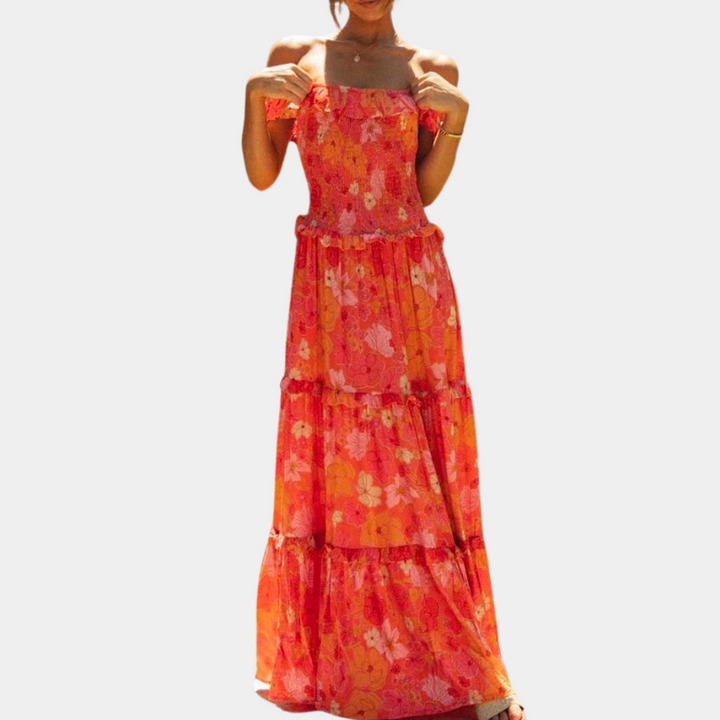 Trendy Oranje Bloemenprint Jurk - Elara
