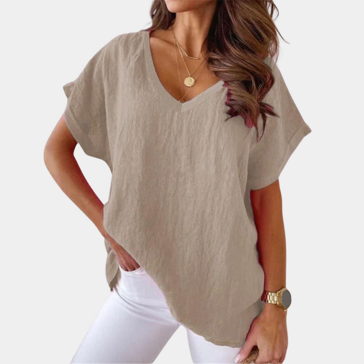 Luchtige V-hals linnenblouse met losse pasvorm – Mailin