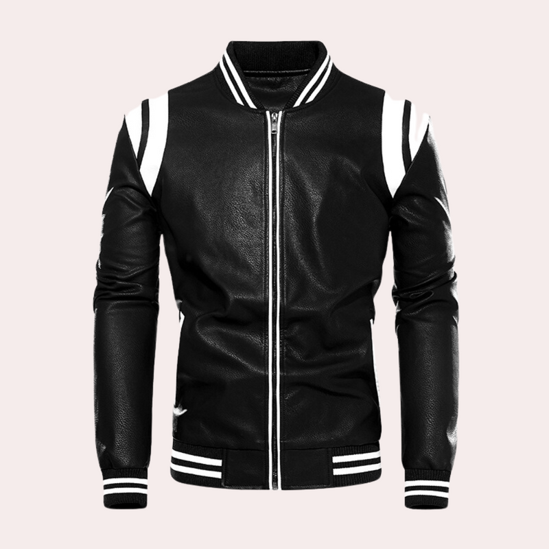 Leather Men's Bomber Jacket with Zipper and Sporty Stripes – Dorian
