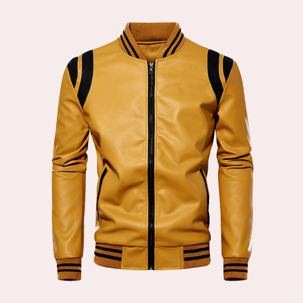Leather Men's Bomber Jacket with Zipper and Sporty Stripes – Dorian