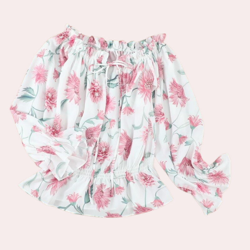 Schulterfreie Blumenbluse mit Rüschen – Fayenne