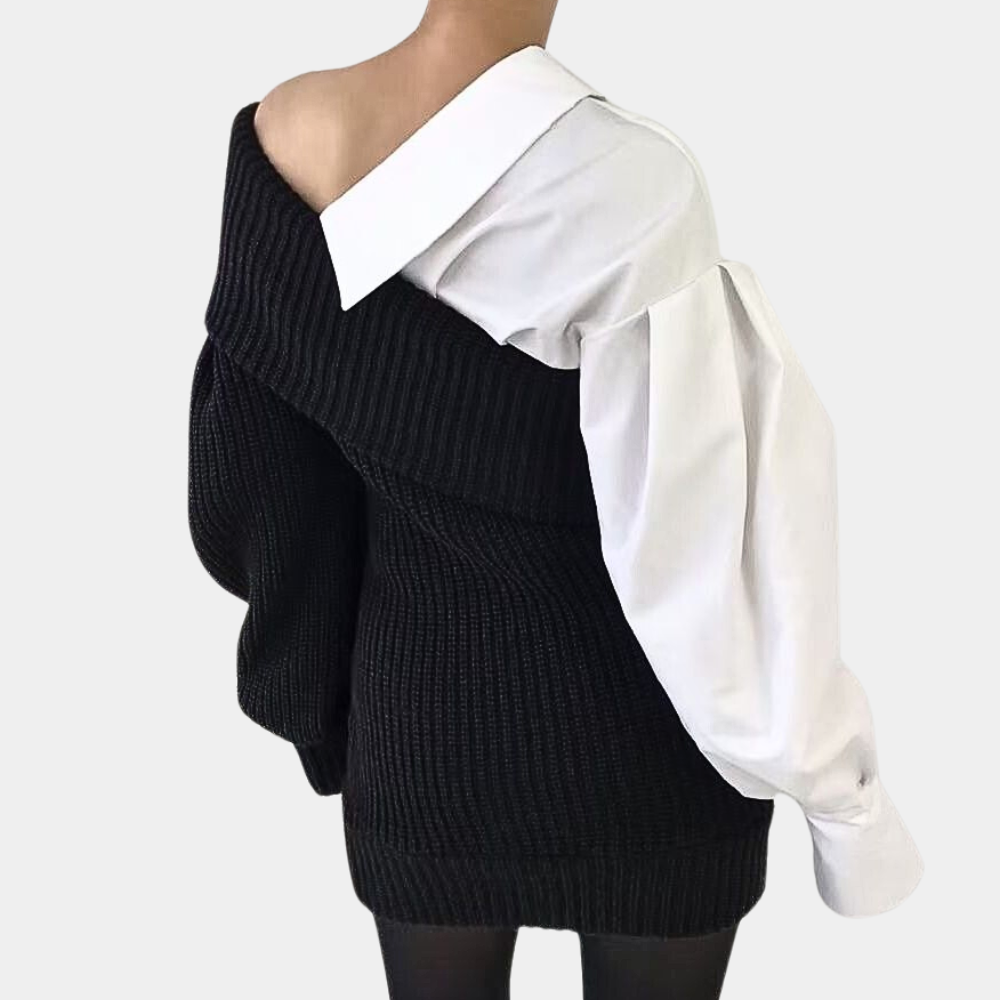 Knitted Off-Shoulder Dress with Contrasting Sleeves – Selina