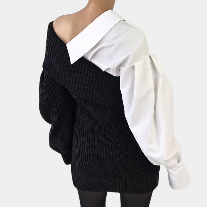 Knitted Off-Shoulder Dress with Contrasting Sleeves – Selina